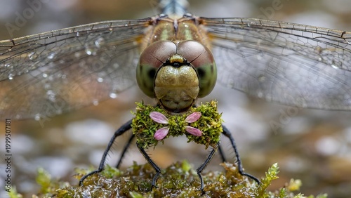 Macro portrait of a dragonfly holding a small piece of moss and flower