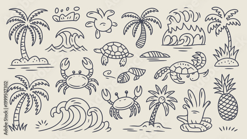 Photos Tropical beach doodles palm trees sea creatures and island elements in sketch st
