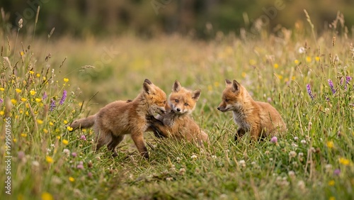 Three cute red fox kits playing together in a grassy meadow field