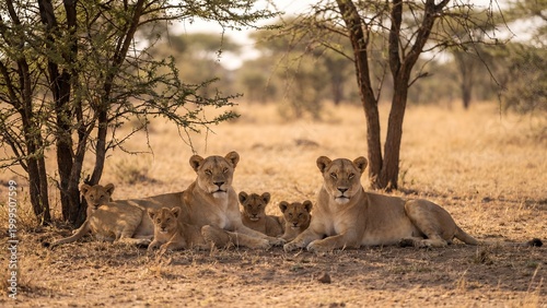 Two lioness mothers with cubs resting under a tree in the African savanna
