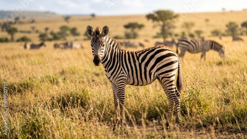 Young zebra standing in the African savannah at sunset with herd grazing