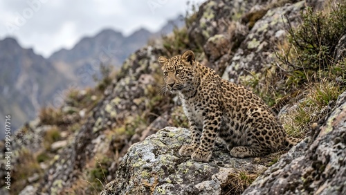 Young leopard cub sitting on a rocky mountain slope in the wild