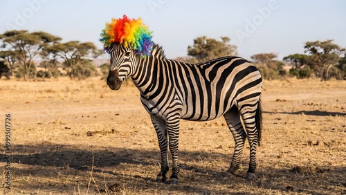 Zebra wearing a colorful rainbow clown wig standing in the African savanna