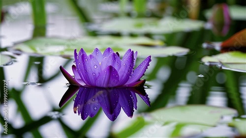 Stunning purple water lily with delicate petals floats gracefully on the calm surface of a pond, perfectly reflected in the serene water amidst vibrant green lily pads.