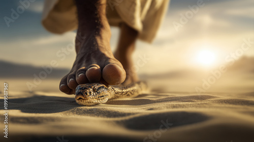 Ancient Biblical Foot Crushing Head of Snake, Victory Over Evil Concepte