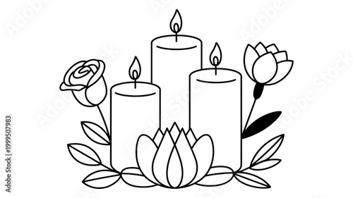 Three lit candles with flowers and leaves peaceful memorial arrangement memorial tranquility arrangement
