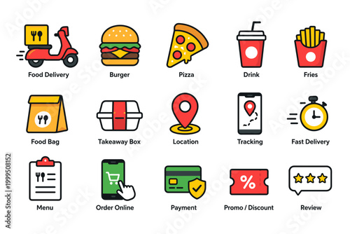 Bold vector icons representing online food ordering, courier delivery, takeaway meals, restaurant apps, and fast service concepts.