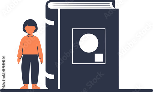 A child stands before a large, illustrated journal, symbolizing creativity and reflection. Minimalist, modern design. Ideal for education and self-expression.