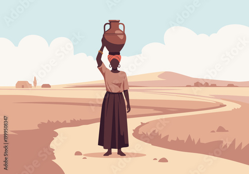 A woman carries a clay pot across a rural landscape.  She wears traditional clothing, embodying resilience and daily life in a simple village.  Warm tones and a clear composition.