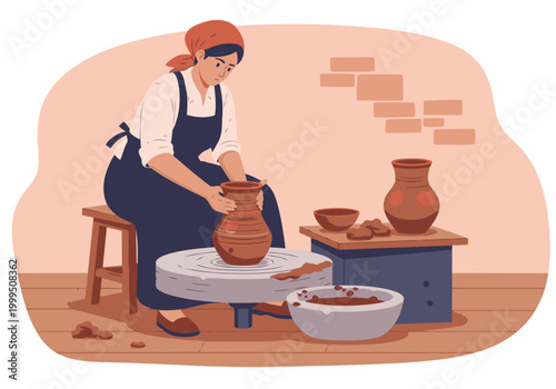 A woman crafts pottery on a wheel in a rustic studio. She wears a traditional apron, focused on her work. Finished pieces and clay are displayed. Warm, earthy tones.