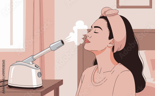 A woman enjoys a botanical vapor facial, enveloped in soothing steam. Soft lighting and a relaxed bedroom setting create a serene, spa-like atmosphere. Perfect for wellness and beauty content.