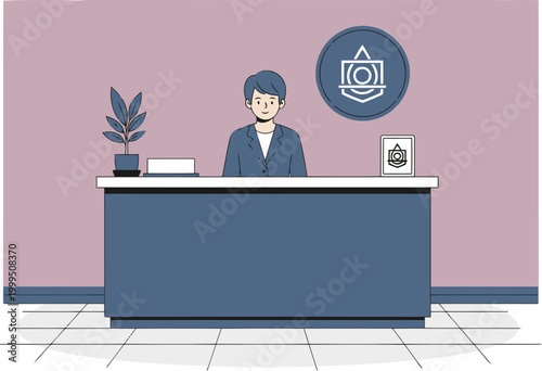 A friendly receptionist greets visitors at a modern spa reception desk. Clean lines, professional setting, and welcoming atmosphere. Ideal for business and wellness visuals.