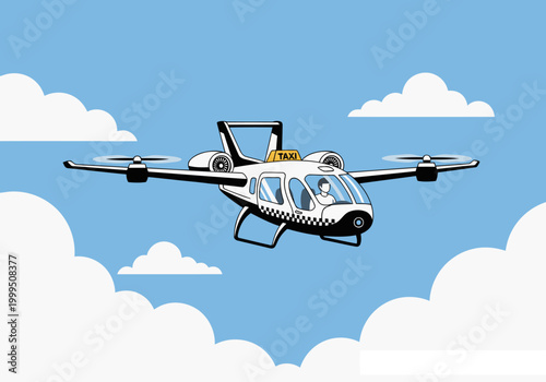A futuristic drone taxi flies through a blue sky with fluffy clouds. A passenger enjoys the ride. Modern, clean design, perfect for tech and transportation visuals.