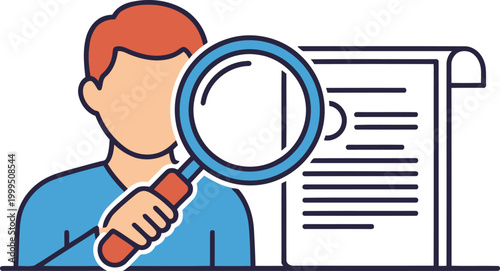 A man examines an audit finance report with a magnifying glass. Clear, focused image for business and finance concepts. Modern illustration style.