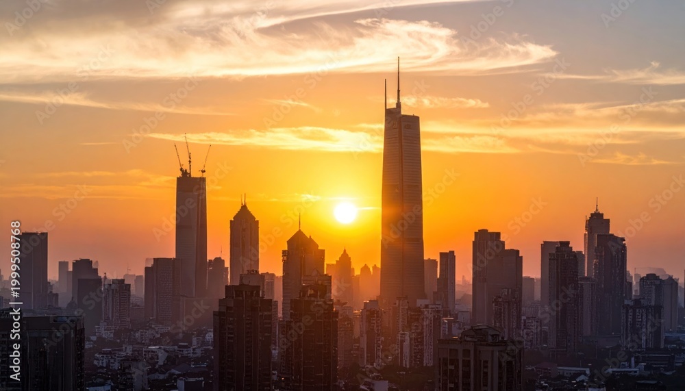 Fototapeta premium Silhouetted skyscrapers against a vibrant orange and yellow sunset, city skyline view