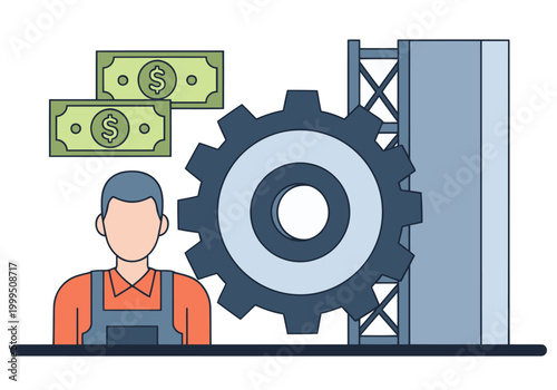 A man oversees industrial production, symbolizing economic growth. Gears and money intertwine, conveying business and manufacturing. Modern, illustrative style.