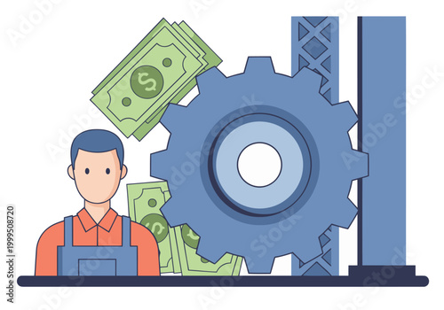 A man oversees industrial production, surrounded by money and gears. Illustrative graphic representing economic growth and manufacturing. Modern, clean design.