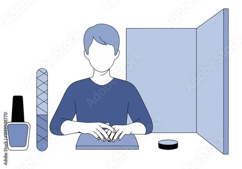 A young man performs a manicure, showcasing nail care products. Clean, modern studio setting. Professional and detailed.