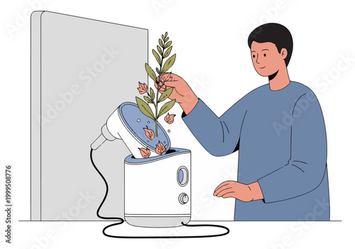 A man uses a botanical steamer, preparing skincare. The scene features a modern setup and a focus on natural ingredients. Clean, minimalist aesthetic.
