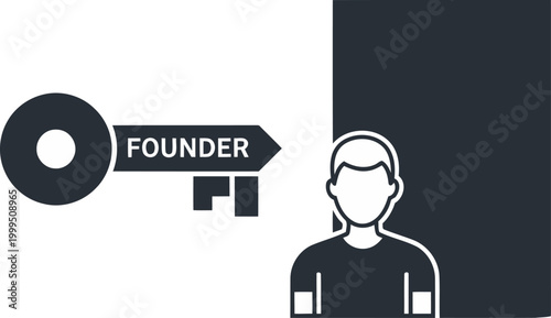A minimalist icon depicts a founder unlocking a door, symbolizing opportunity and leadership. Clean, modern design for business and startup visuals.