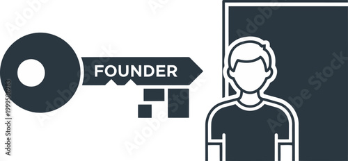 A minimalist icon depicting a key unlocking a founder's silhouette. Clean, modern design with a focus on leadership and innovation.
