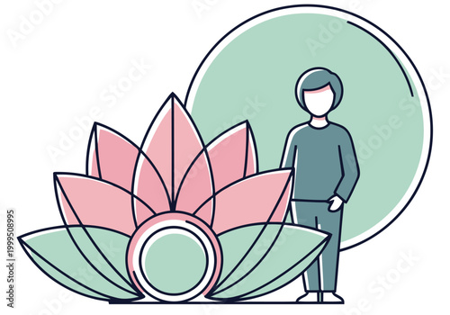 A minimalist spa icon featuring a person standing beside a lotus flower. Soft colors and a clean, modern design evoke tranquility and wellness. Ideal for spa branding.