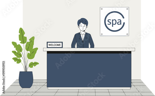 A professional greets guests at a modern spa reception desk. Clean lines, welcoming atmosphere, and a focus on wellness. Ideal for business or lifestyle visuals.