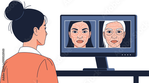 A professional analyzes skin texture and age progression on a screen. Illustrative graphic showcasing skincare technology and aging process. Modern, digital concept.