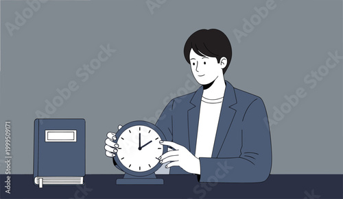 A professional man examines a clock and journal, symbolizing time management. Clean, modern illustration with a focus on productivity and organization.