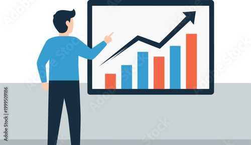 A young professional points at a rising growth chart on a screen, illustrating economic success. Modern, clean design. Ideal for finance and business visuals.