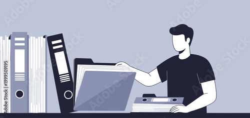 A young professional studies financial documents on a laptop, surrounded by books. Modern, clean workspace illustration. Suitable for business and finance themes.