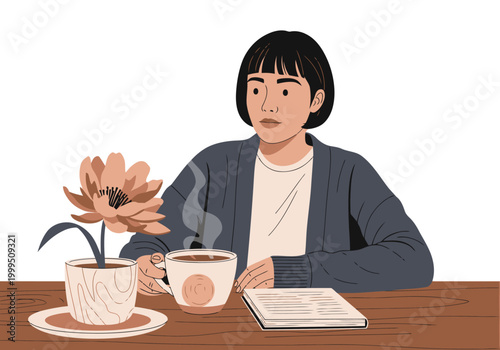 A serene young woman enjoys a moment of calm with tea and a book. Soft colors and a cozy atmosphere evoke relaxation and mindfulness. Perfect for wellness and lifestyle content.