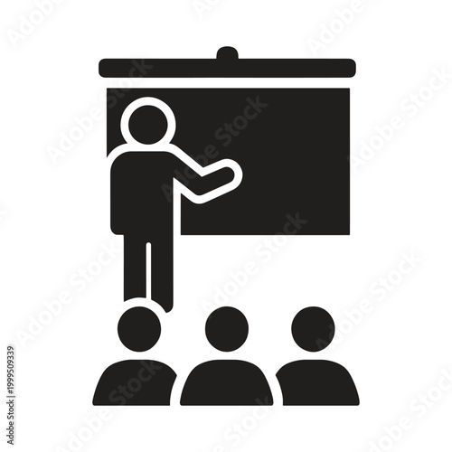 Black silhouette of a teacher or presenter lecturing to an audience with a screen presentation