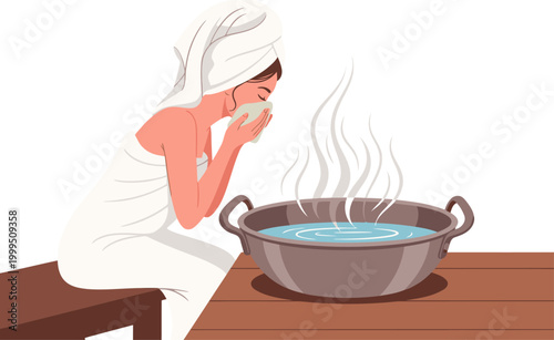 A serene woman enjoys a towel steam facial, enveloped in warm, soothing vapor. Relaxing and rejuvenating, this image evokes wellness and tranquility.