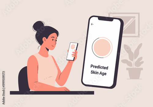 A young woman uses a smartphone app to check her predicted skin age. The app displays a circular graphic. Modern, clean design. Focus on digital health.