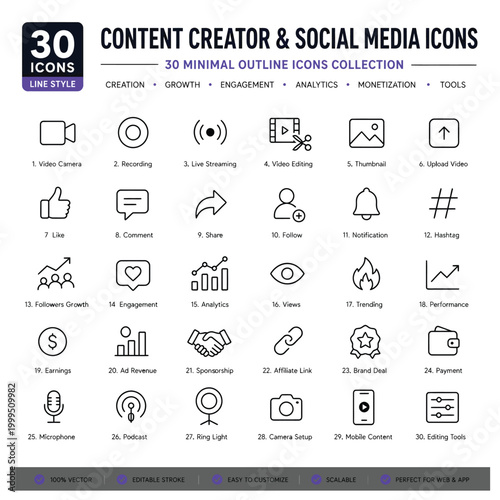 Content Creator & Social Media Icons Set – 30 Minimal Outline Video, Influencer & Marketing Line Icons