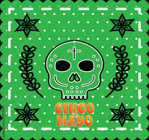 cinco de mayo mexican skull pattern green background day of the dead style seamless festive vector illustration for holiday design.