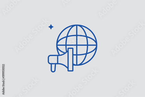 Global megaphone line icon for worldwide brand announcements and international public relations. Expansive vector illustration for news agency headers and global product launch event materials.