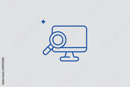 Magnifying glass over monitor line icon for market research and analyzing digital advertising performance. Analytical vector illustration for SEO optimization tools and data-driven marketing strategy 