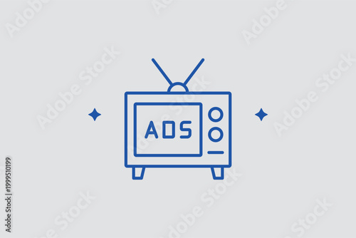 Television ads line icon for mass media video commercials and primetime broadcasting. Classic vector illustration for video production company websites and multi-channel campaign planning.