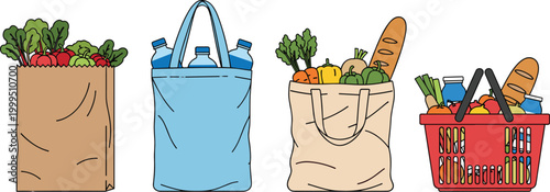 Grocery bags and shopping basket with fresh vegetables bread and bottles, organic food market illustration for healthy lifestyle design