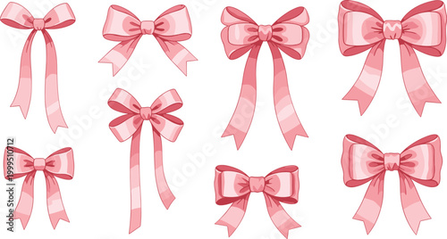 Pink ribbon bows collection with decorative gift elements, elegant feminine bow illustration set for celebration and design projects
