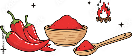 Red chili peppers with spice powder in bowl and spoon, hot seasoning illustration for cooking and spicy food design