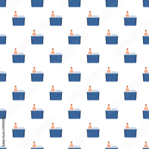 Retail workers standing behind service counters on a seamless pattern background