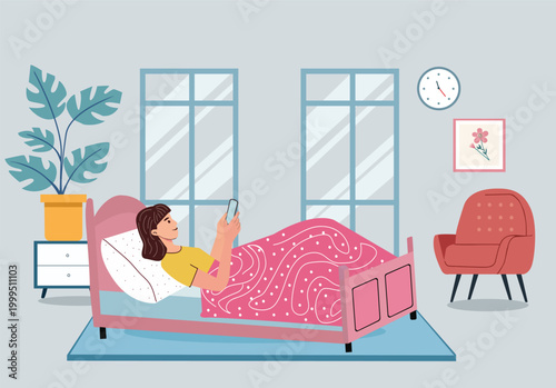 A woman is lying on a bed under the blanket look at smartphone