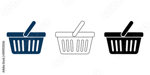 Shopping basket icons, e-commerce symbols, checkout signs, blue, black, and white