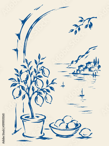 Fotografija Mediterranean lemon tree sea view sketch vector illustration