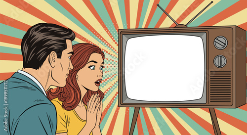 Surprised young couple watching an old television set with a blank screen on a vintage sunburst background in classic pop art style.