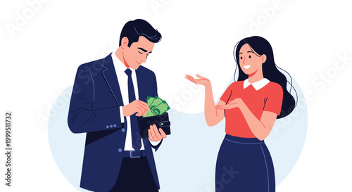 Successful businessman takes out green dollar banknotes from his wallet to give to a happy young woman in a clean vector illustration.