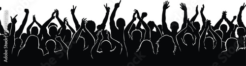 Cheering crowd silhouette with raised arms and clapping – vector design symbolizing unity, celebration, concerts, rallies, and collective enthusiasm.  